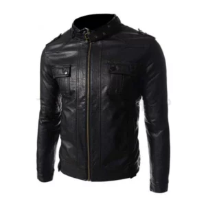 Mens Strap Pocket Black Leather Jacket