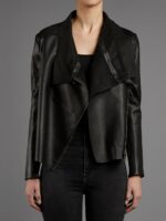 Ladies Draped Collar Black Motorcycle Leather Jacket