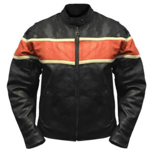 Mens Black And Orange Biker Leather Jacket