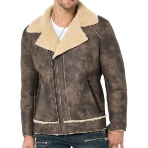 Brown Distressed Shearling Leather Jacket
