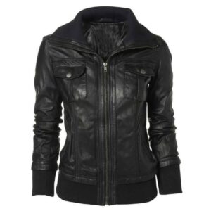Slim Fit Double Collar Ladies Black Leather Jacket