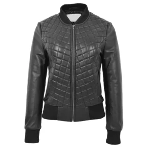 Womens Quilted Bomber Motorcycle Leather Jacket (Black)