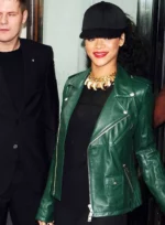 Rihanna Dark Green Leather Biker Style Jacket