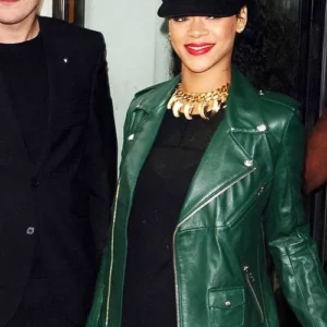 Rihanna Dark Green Leather Biker Style Jacket