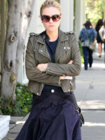 Anna Paquin Olive Green Short Leather Jacket