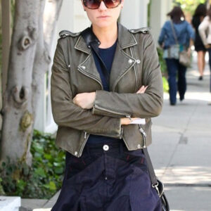 Anna Paquin Olive Green Short Leather Jacket
