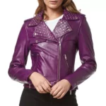Rockstar Ladies Purple Studded Rock Chic Biker Motorcycle Style Leather Jacket