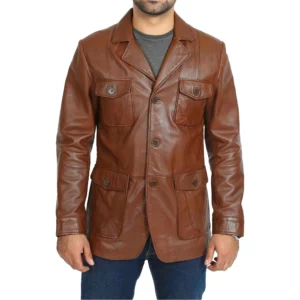 4 Pockets Brown Leather Blazer