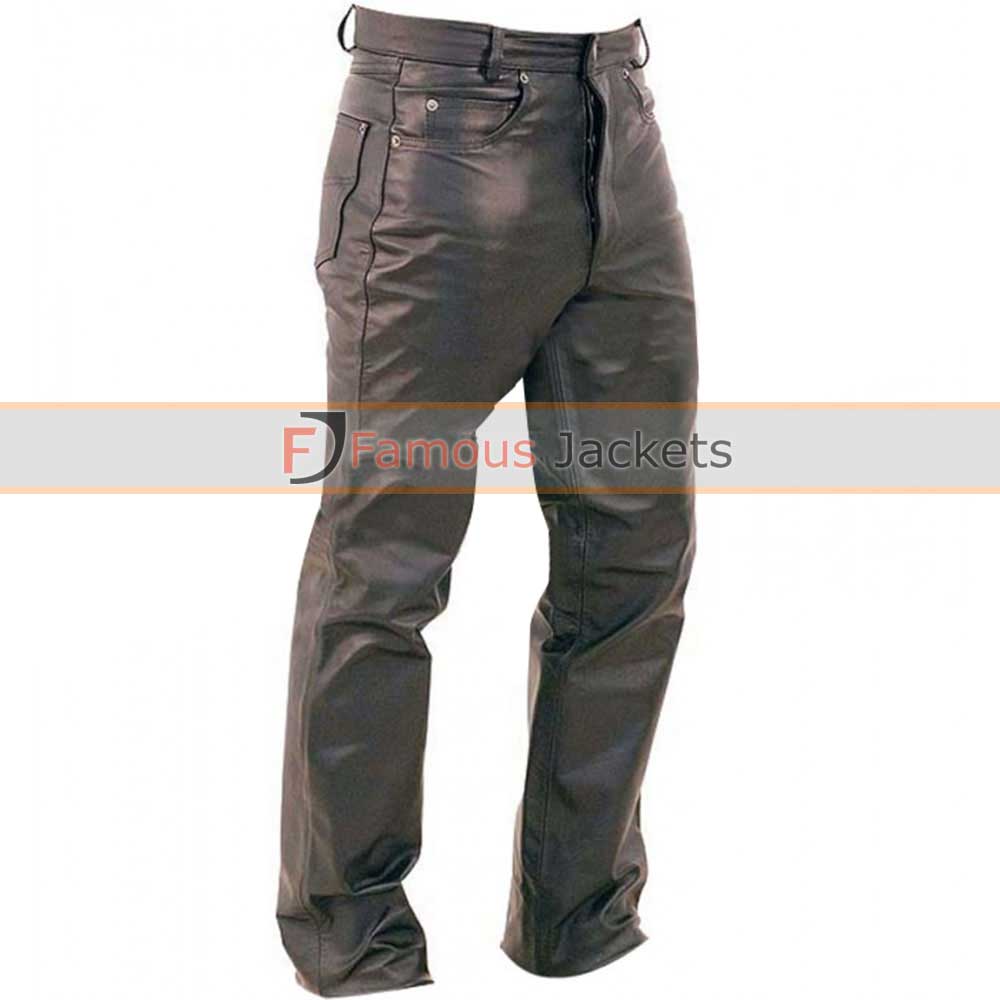 Mens Button Fly Black Leather Pants