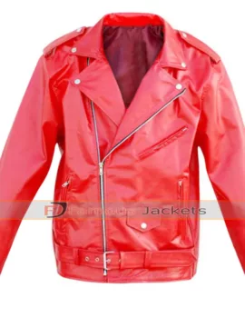 Unisex Punk Leather Skin Red Brando Belted Jacket