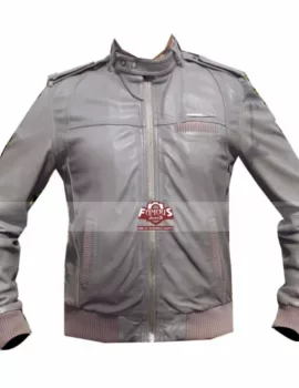 Men Grey Slim Fit Bomber Motorcycle Jacket