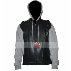 OC Varsity Black Leather Jacket With Jersey Sleeves